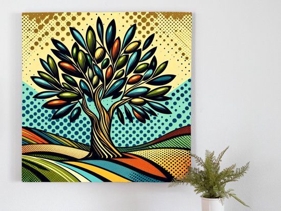 Pop art olijfboom schilderij | Olijven in de schijnwerpers: een kleurrijk pop art kunstwerk | Kunst - 30x30 centimeter op Canvas | Foto op Canvas