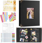 Ringband fotoboek zwart kartonnen album - 160 foto's - scrapbook met 60 pagina's - 10 metallic kleurmarkers