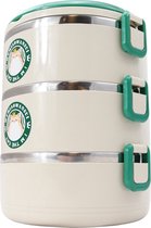 Thermos lunchbox XL - Lunchbox met 3 Lagen & Handvatten - Voorraadbus Geschikt voor Warm & Koud Eten - Noodles, Soep, Eieren, Stoof Vlees, Curry, IJs & Meer! - 550ml x3 - Beige & Groen