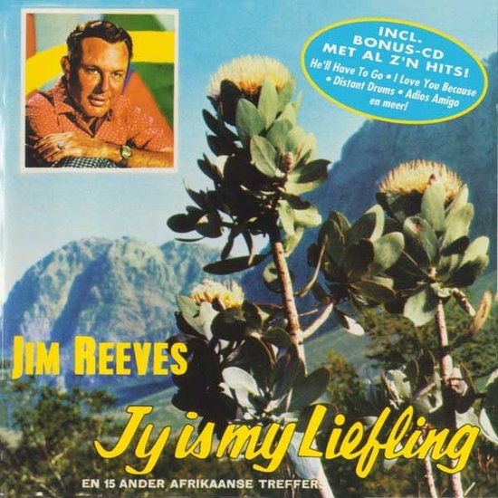 Jim Reeves met Afrikaans album 'Jy is my liefling'. Mooie protea bloemen op de voorgrond.