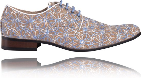 Blue Cork Flower - Maat 40 - Lureaux - Kleurrijke Schoenen Voor Heren - Veterschoenen Met Print