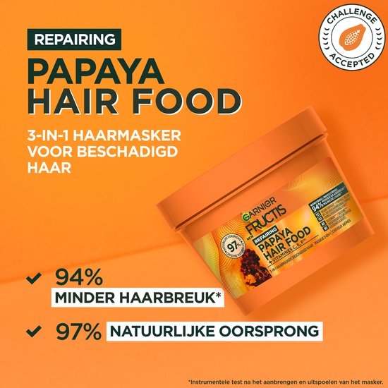 Masque Garnier Fructis Papaya Hair Food : 94% de casse en moins, 97% d'origine naturelle.