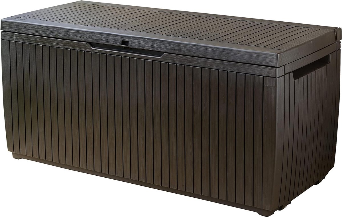 PolkaHome 123 x 53 x 57 cm Springwood Outdoor Plastic Opbergdoos Tuinmeubilair - Bruin met Deksel | Grote Opbergbox voor Tuin | Waterdicht en Duurzaam