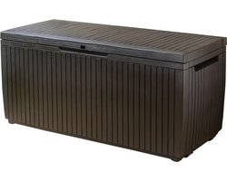 PolkaHome 123 x 53 x 57 cm Springwood Outdoor Plastic Opbergdoos Tuinmeubilair - Bruin met Deksel | Grote Opbergbox voor Tuin | Waterdicht en Duurzaam