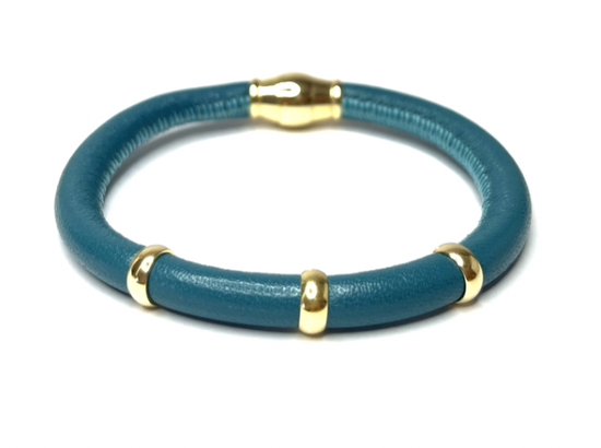 Jolla - dames armband zilver - goudkleurig - leer - magneetsluiting - bedels - Single Gold - Turquoise