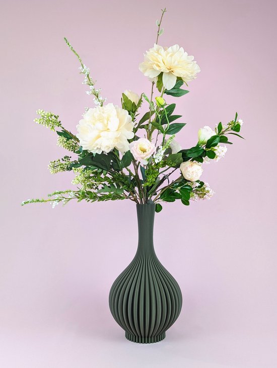Luxe zijden bloemen boeket - 95cm hoog - Kunstboeket "Ivory Glow" met unieke 3D geprinte vaas - nep bloemen boeket - Kunstbloemen kant-en-klaar gebonden inclusief design vaas - Duurzaam modern zijdenbloemen boeket met 3D print vaas