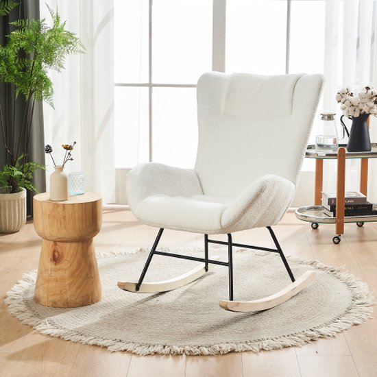 Witte teddypluche schommelstoel, armleuningen met zakken, massief houten poten - stabiel en comfortabel style 2