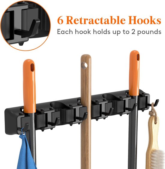 Bezem Organizer Wandmontage - Tuingereedschap Organizer/Garage Tool Organizer/Mop Houder/Schop Houder/Bezem Hanger voor Kast, Bijkeuken, Schuur, Yard- 4 Posities 8 Haken Tool Bezem Houder Wandmontage