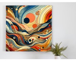 Abstract landschap schilderij | Levendige kleuren dansen over verstilde landschappen in surrealistisch werk | Kunst - 60x60 centimeter op Forex |…