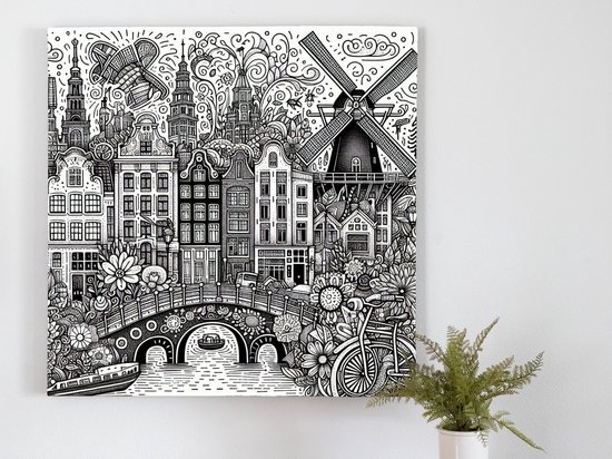 Doodle amsterdam schilderij | Amsterdamse dromen: een levendige kunstwereld vol verborgen doodles | Kunst - 30x30 centimeter op Canvas | Foto op Canvas