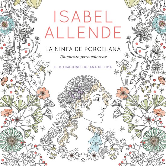 Boekomslag van 'La ninfa de porcelana' met illustratie van een vrouw met krullend haar, omringd door bloemen en planten.
