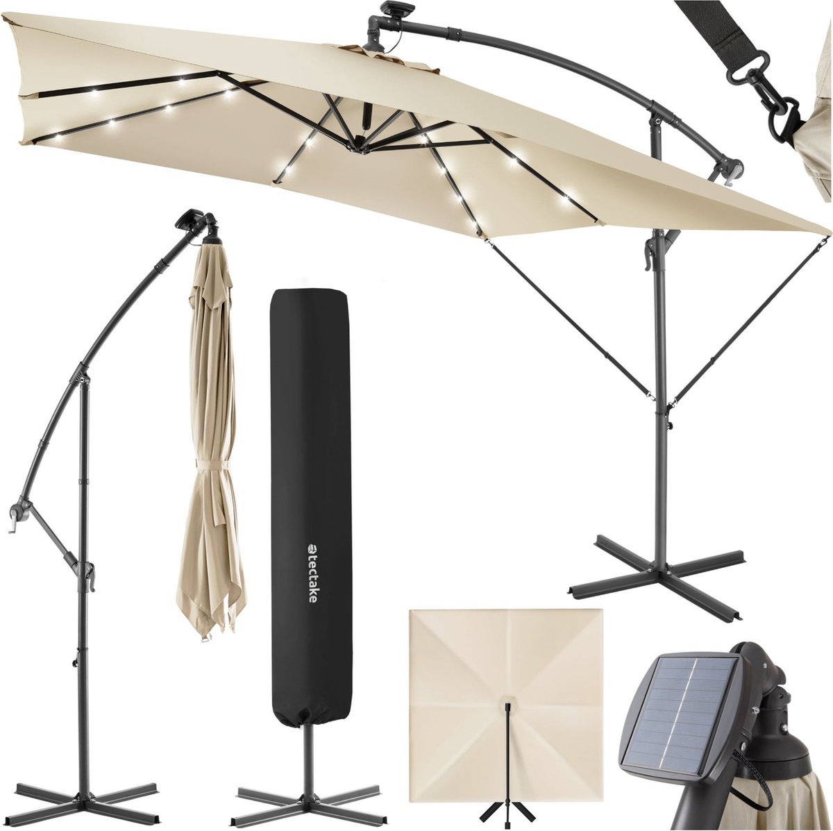Bol.com tectake® Rechthoekige parasol - Met LED-verlichting op zonne-energie - Incl. beschermhoes - Zweefparasol - Zonwering ter... aanbieding