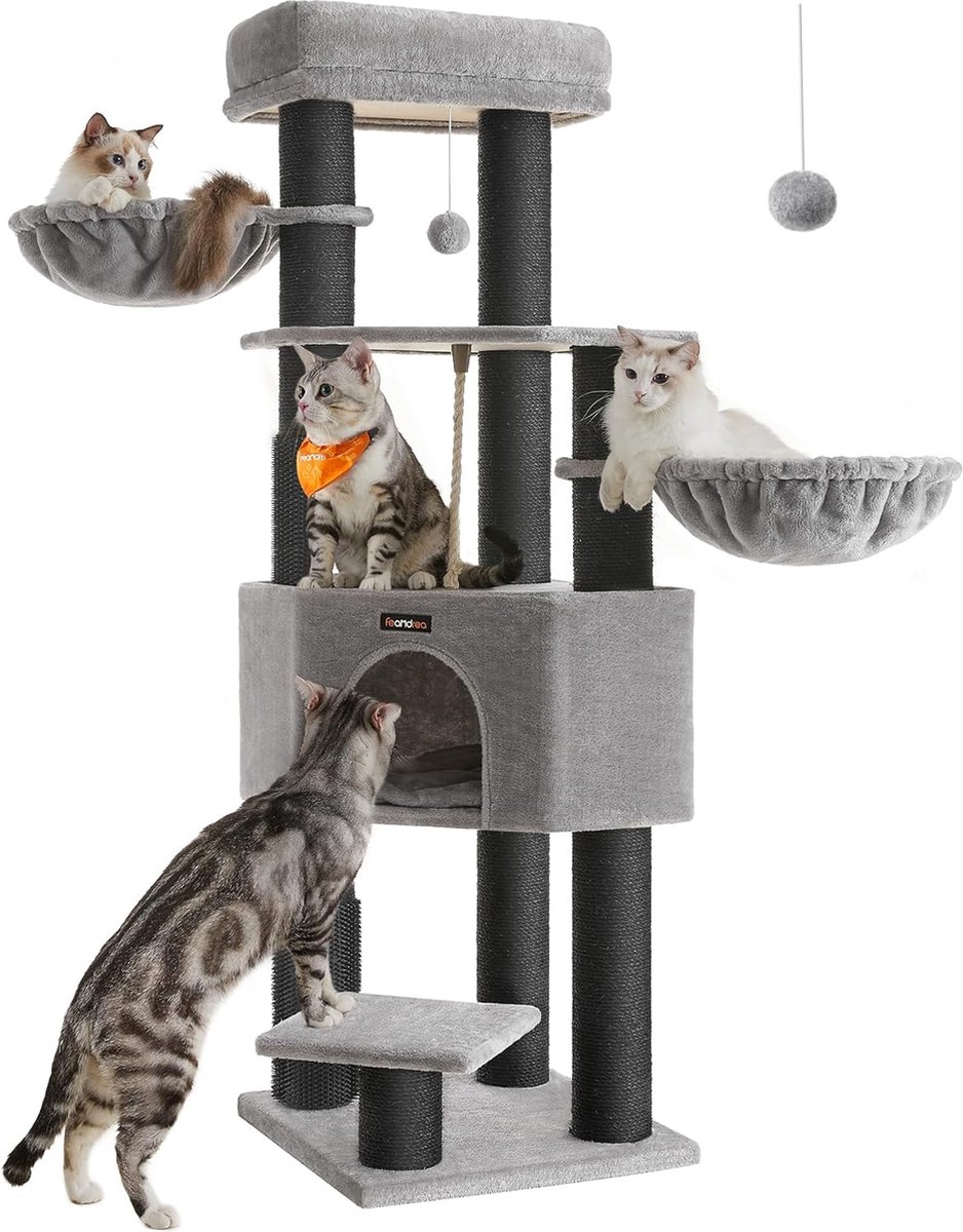 FurnStar Krabpaal met Zelfverwarmende Deken - Voor Grote Katten - Kattenboom - 2 Kattenborstels - Brede Platforms - Hol - 50 x 50 x 160 cm Duifgrijs Zwart