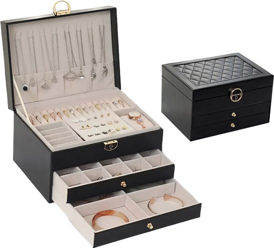 Luxe Sieradendoos CARA DIAMANT zwart dames - Sieradendoosje Galeara design - Sieradenopbergdoos