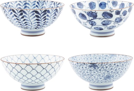 Foto: Cadeau set van 4 japanse rijstkommen blauw wit met print 12 5 x 7 cm