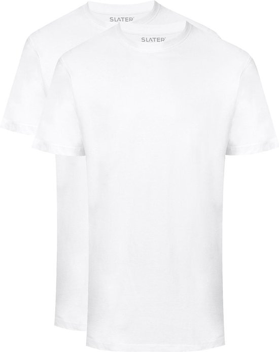 Twee witte Slater basic T-shirts met ronde hals, van voren gezien.