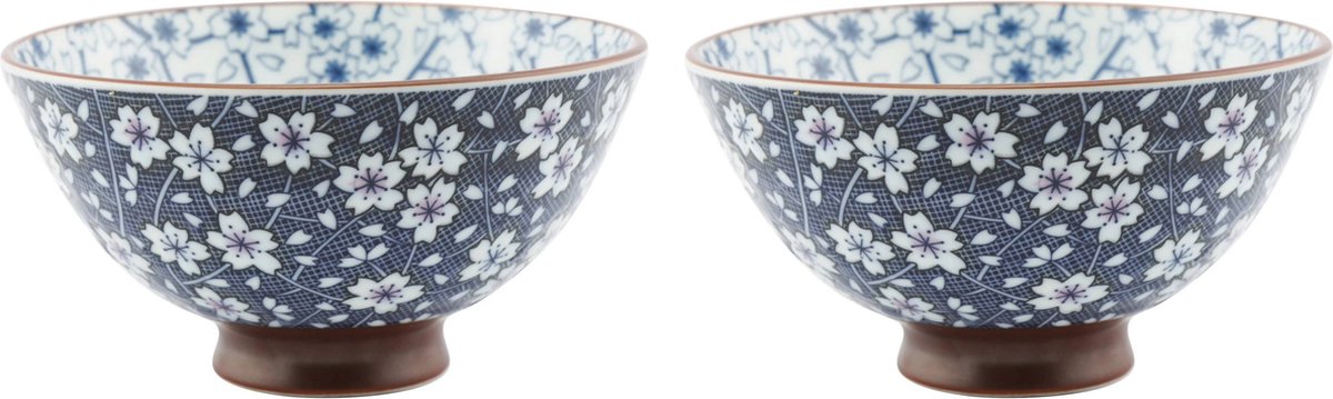 Japans rijstkommetje - donkerblauw bloem klein - 12,5 x 7 cm - set van 2 kommen