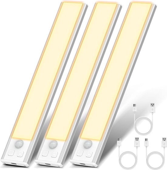 3-Stuks - Draadloze Oplaadbare LED Kastlampen - Dimbare Bewegingssensor LED Verlichting voor Kasten - Onderkast, Planken, Keuken, Kledingkast - Geen Bedrading Nodig - Makkelijk te Installeren - 20.5 CM - Warm Wit (3000K)