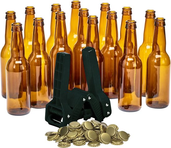 Brew Monkey Bottelset met 13 flessen, kroonkurkapparaat en 25 kroonkurken - Zelf bier bottelen - Bierflesjes - Flessenset - Bierbrouwpakket Tool - Verjaardagscadeau voor Mannen - Origineel bier Cadeau
