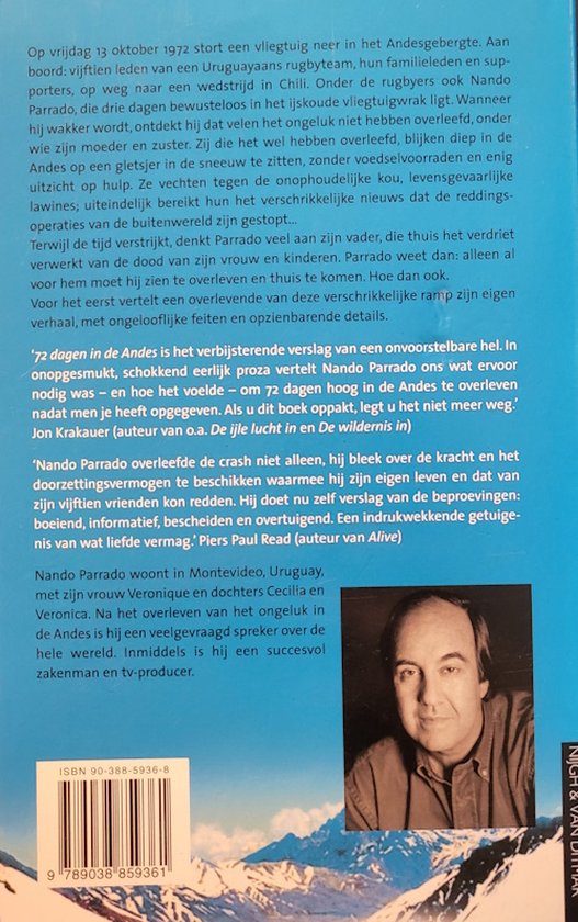 Achterkant boek '72 Dagen In De Andes' met foto van Nando Parrado.