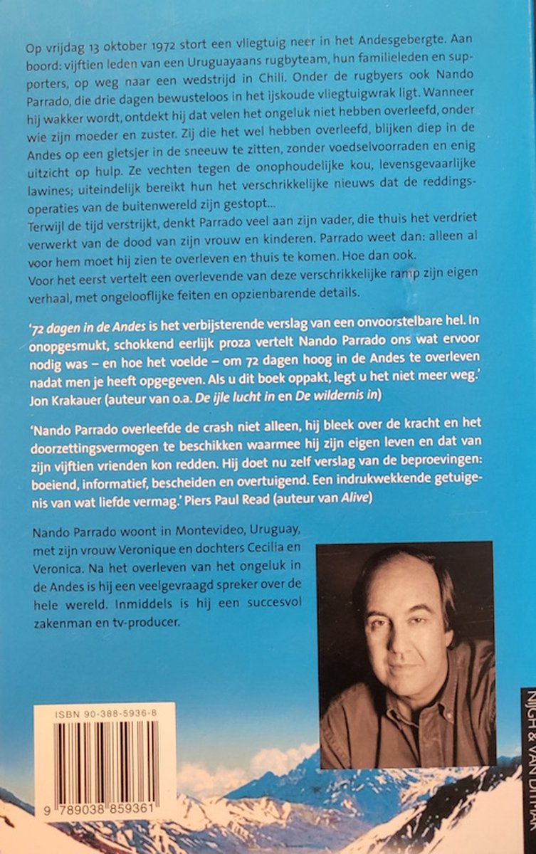Achterkant boek '72 Dagen In De Andes' met foto van Nando Parrado.