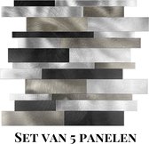 Wallways Wandpanelen - Plaktegels - Set van 5 Tegels - Tegelsticker - Zelfklevende Tegels - 4MM dik - Aluminium toplaag - Waterdicht - Krasbestendig - Hittebestendig - 3M Kleeflaag - Mozaiek Strips Zwart/Zilver