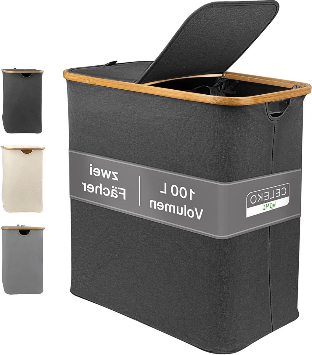 Goedkoopste Donker Wasmand 2 vakken met deksel 100 liter bamboe-stof groot wassorteerder - donkergrijs antraciet zwart - milieuvriendelijk en duurzaam
