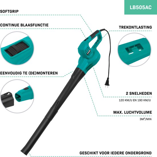 Turquoise en zwarte elektrische bladblazer met softgrip, continue blaafunctie, 2 snelheden (120 km/u en 190 km/u) en trekontlasting.
