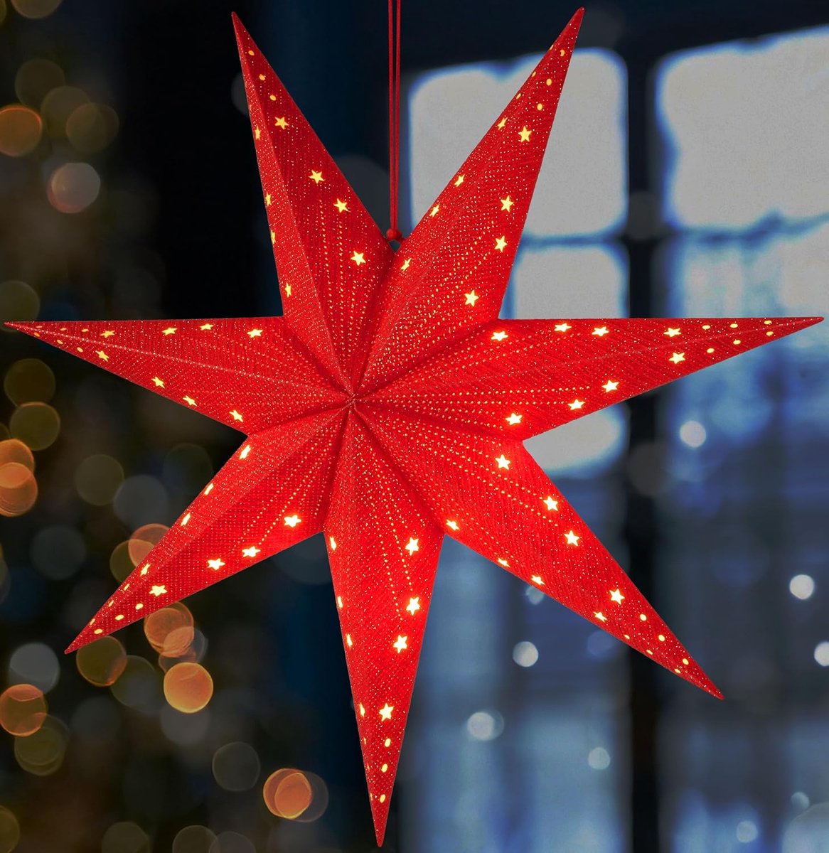 Brubaker Hangende Kerstster met E14-Voet - 60 cm Papieren Sterrenset met 3,5 m Kabel - 3D Adventsster - Raamdecoratie Lichte Ster Ophangen - Rood Rood ster + patroon fijn