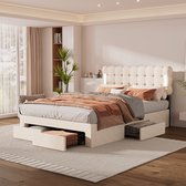 KOMHTOM Tweepersoonsbed 140x200 cm Gestoffeerd met verlichting aan beide kanten van het bed grote opbergruimte beige