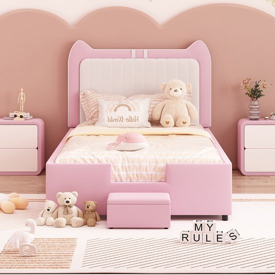 Foto: Komhtom bed kinderbed 90x200 cm tweekleurig patchwork met leuke oortjes met opbergbank imitatieleer stof roze