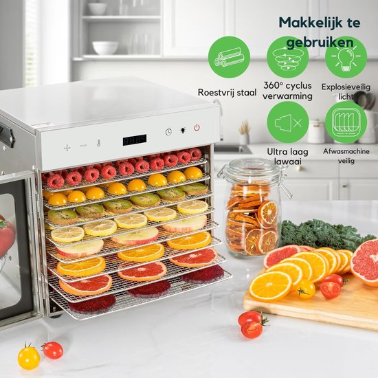 Déshydrateur Alimentaire 10 Plateaux - 800W - Contrôle LED - 30-90°C - Argent - NEUF