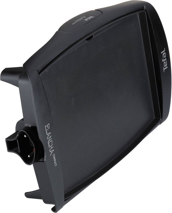 Zwarte Tefal Plancha Compact grillplaat met aansluiting voor de stekker.