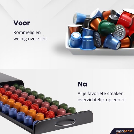 Capsulehouder met Lade – Koffiecups houder – Geschikt voor Nespresso – 50 Cups - RVS - Zwart