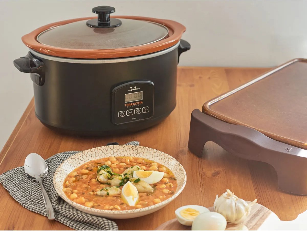 Afbeelding 2 van Jata JEOL2145 digitale slowcooker - Terracotta schaal met glazen deksel - LED scherm - 5 liter inhoud - timer - warmhoudfunctie