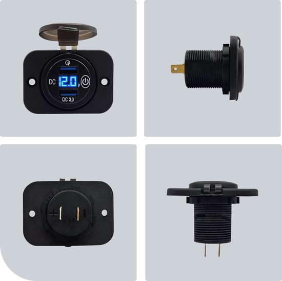 Zwarte dubbele USB-lader met blauwe voltmeter, QC 3.0 en aan/uit-schakelaar.