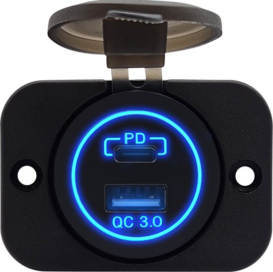 Foto: Proride 12v usb usb c stopcontact 2 poorten inbouw qc3 0 usb autolader boot en camper complete set blauw