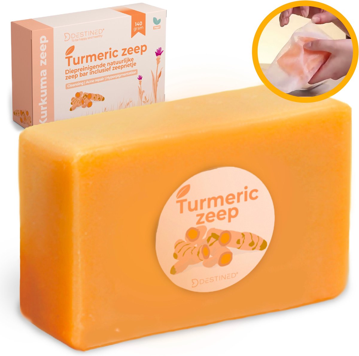 Destined Turmeric soap Kurkuma zeep Gezichts & lichaamsreiniging & handzeep Dark spot Pigmentvlekken verwijderen Alternatief voor Kojic Acid zeep 140g