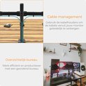 Zwarte monitorarm met kabelmanagement en een opgeruimd bureau.