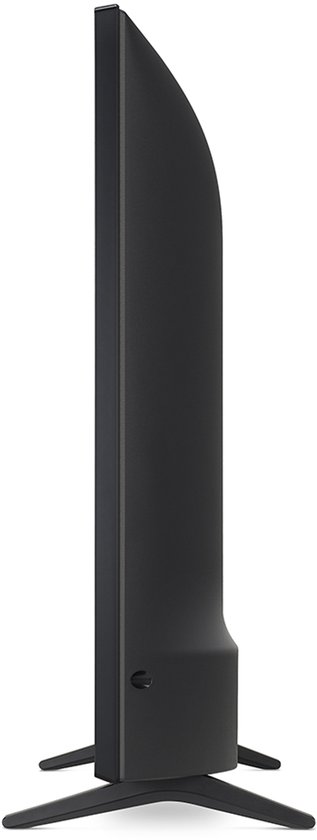 Zijaanzicht van een zwarte LG smart tv met standaard.