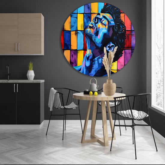 Man wandcirkel - Portret wandschalen - Wandschaal Vierkanten - Moderne schilderijen - Rond schilderij - Kunst muurcirkel forex 100x100 cm