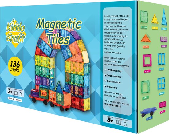 Kiddo Craft Magnetic Tiles 136 Stuks - Magnetisch Montessori Speelgoed - 3 tot 12 Jaar - Magnetische Tegels - Bouwstenen - Educatief