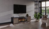 Meubel Square - TV meubel CRESTIA - met bio ethanol sfeerhaard - Mat Zwart / Eiken lameldeuren - 163 cm - Kast met open haard - Niet elektrisch