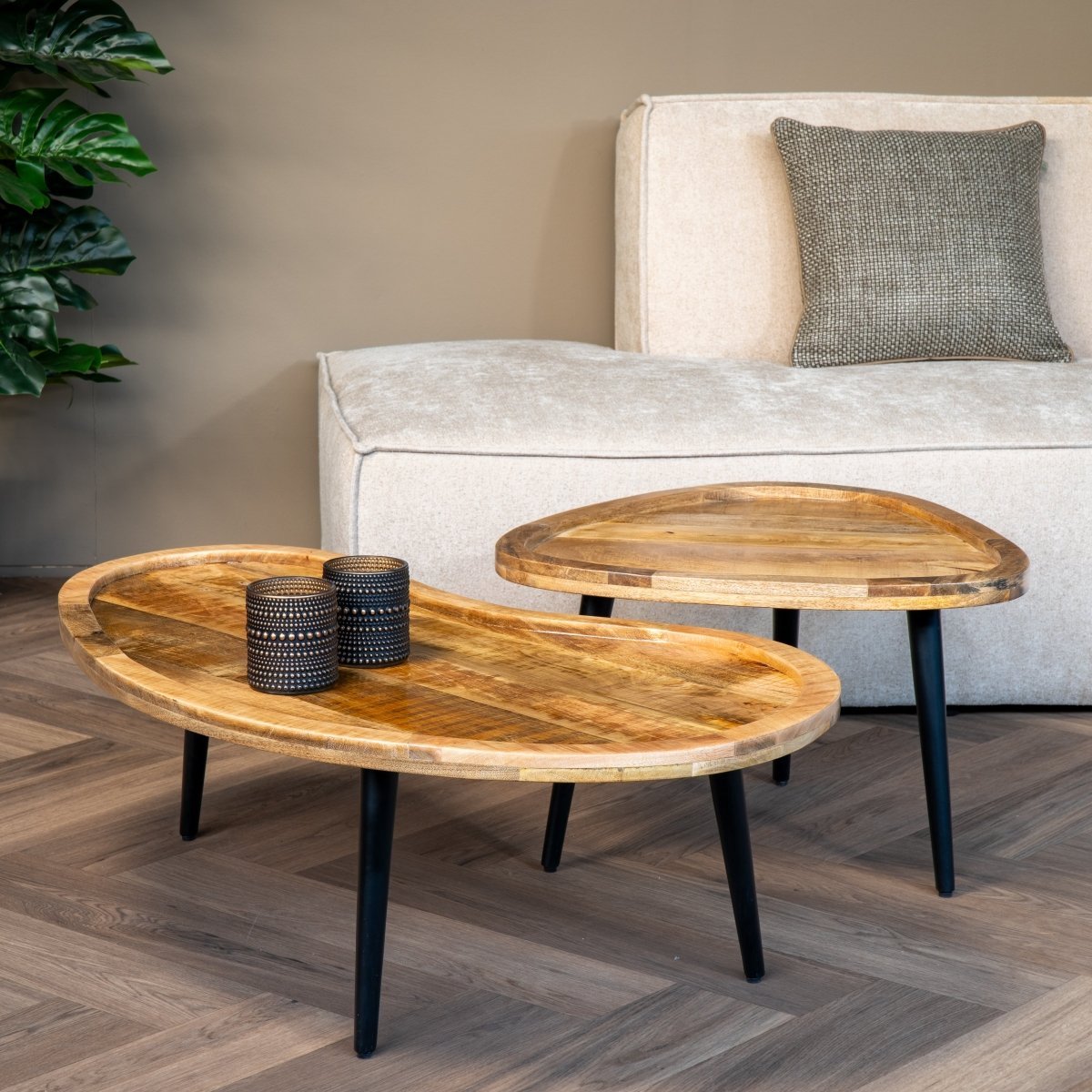 Mangohouten Organische Salontafels Mila Mahom - Set van 2 Industrieel - Kleine tafel van Mangohout & Metaal - Industriële Huiskamertafel