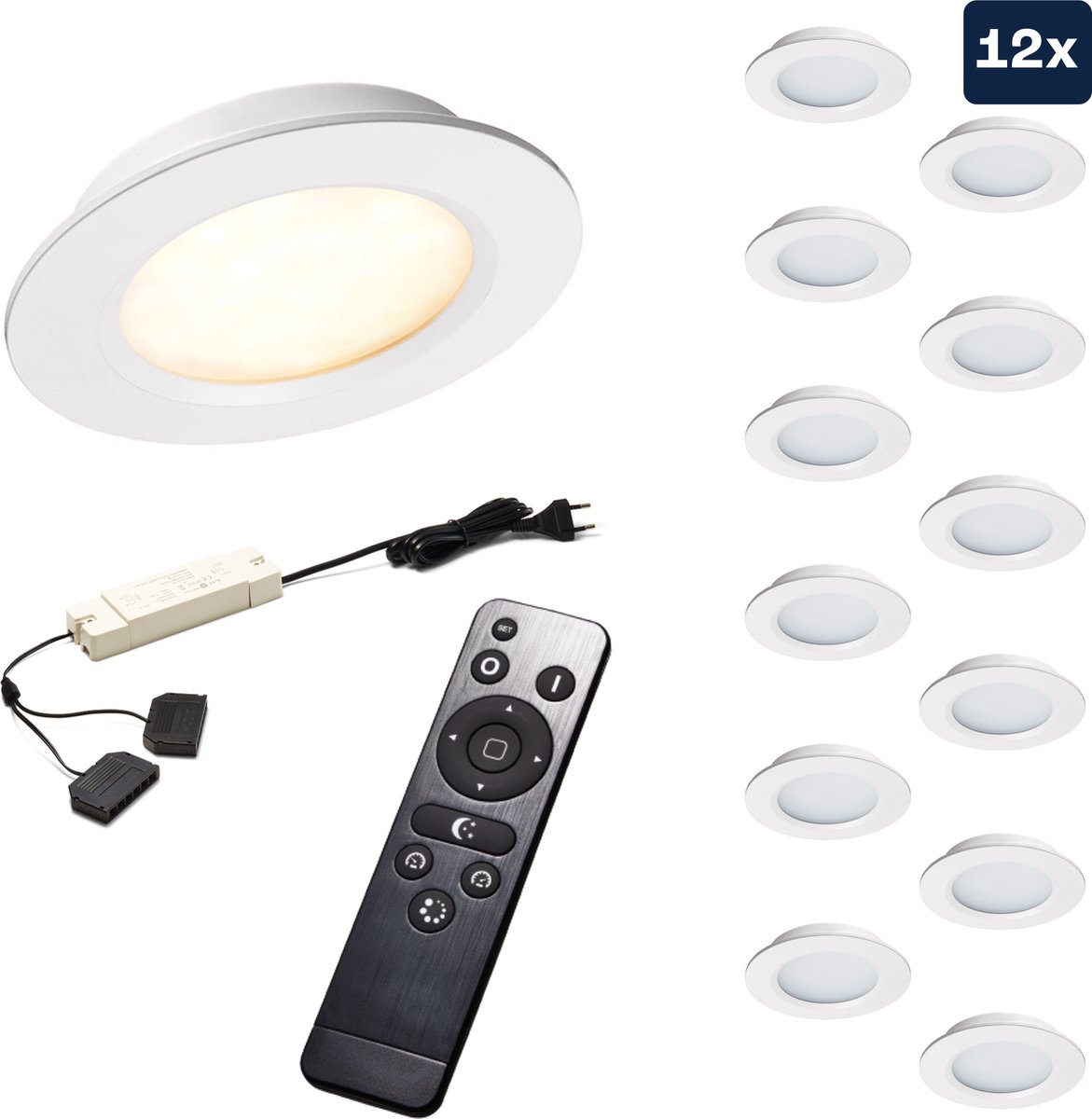 Ledisons Modena Set met 12 witte LED inbouwspots en afstandsbediening dimbaar 3 jaar garantie 2700K (extra warm-wit) 200 Lumen 3W IP44