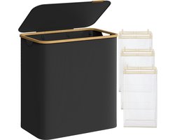 FurnStar - Wasmand met deksel - Wasverzamelaar met 3 vakken - 150 Lt - Uitneembare waszak - Oxford-weefsel - Handgrepen van bamboe - Inklapbaar - 60 x 38,5 x 70,5 cm - inktzwart