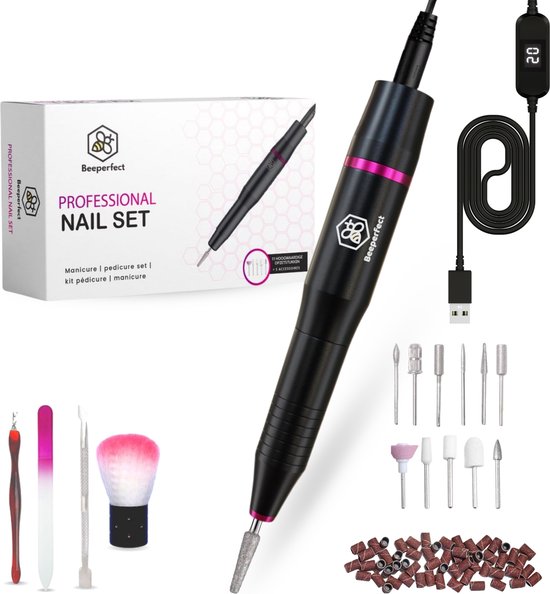 Foto: Beeperfect elektrische nagelvijl nagelfrees manicure en pedicure set 12 bitjes en 60 schuurrolletjes 4 extra accessoires zwart