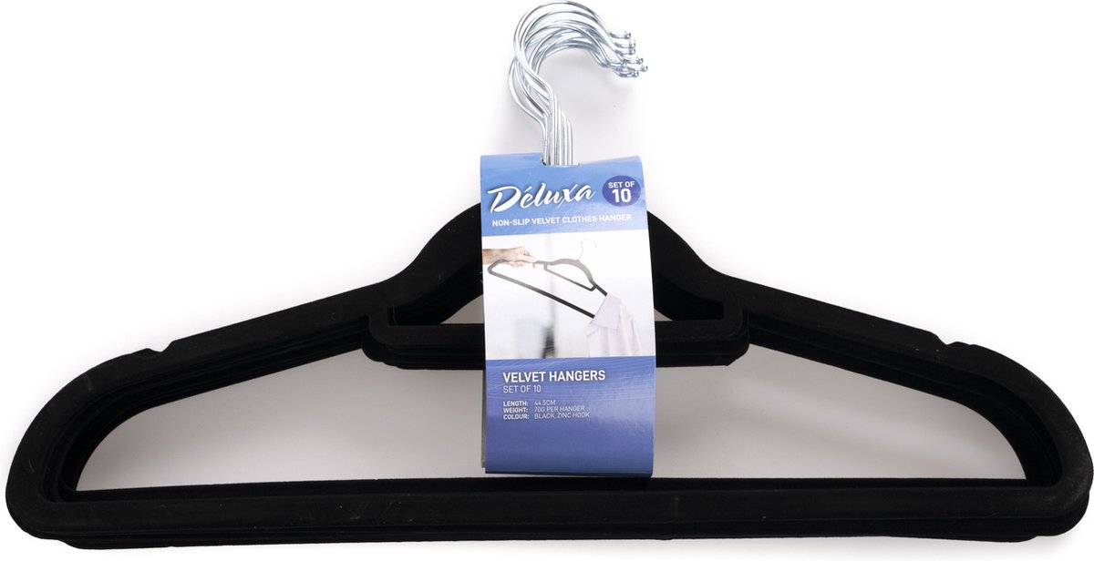 Kledinghangers - 10x - fluweel zwart - anti-slip - kledinghanger set