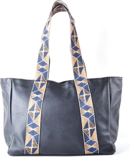 Giuliano leren MAXI Shopper met brede gekleurde handvat | Zwart | Made in  Italy | ECHT... | bol