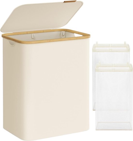 Lifewit Wasmand van 80 liter met deksel, grote wasmand met kunststof handgrepen en afneembare tas, opvouwbare hoge vuile wasmand voor wasruimte, slaapkamer, badkamer, slaapzaal, beige
